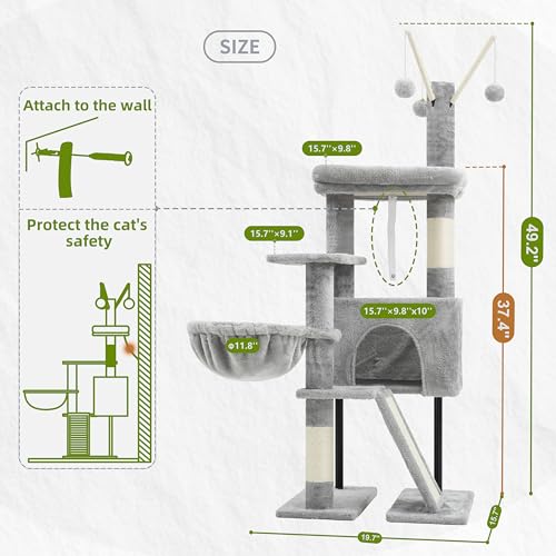 Gitelsnour Cat Tree for Indoor Cats, Cat Tower with Scratching Post for Small Cats and Kittens, Cat House with Removable Top Platform and Fluffy Balls, Hanging Cat Basket, Light Gray GCT006SW