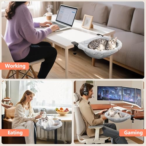 JinxZap X-Large Cat Desk Bed | 19"x15" Spacious Retreat, Dual Clamps & Sunken Hammock Design, Comfy Cat Desk Hammock with Faux Rabbit Fur Cover, Removable & Washable, Holds Up to 40lbs
