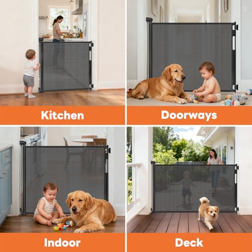 Retractable Baby Gate for Stairs and Doorways, 55" Wide x 33" Tall Mesh Dog Gate for Indoor & Outdoor Use, Safety Gate for Babies and Pets, Child Gates for Hallways, Hardware Mounted, Black