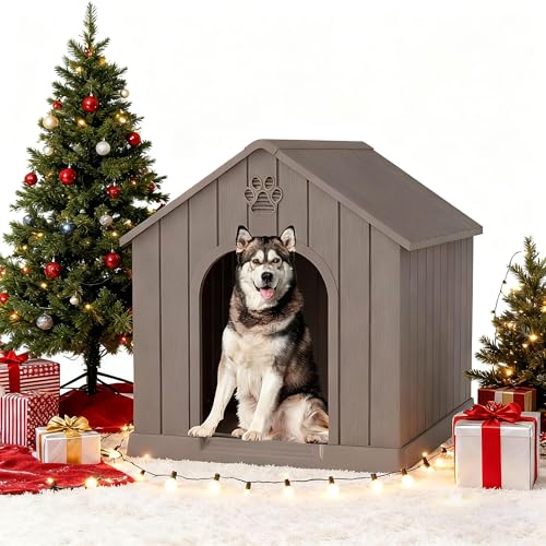 Fancyango Large Dog House Outdoor Indoor, Sturdy Plastic Waterproof Doghouse with Air Vents and Elevated Floor, Easy Clean and Assemble for Medium Large Dogs (Classic Grey, 36.2''L×38''W×38''H)
