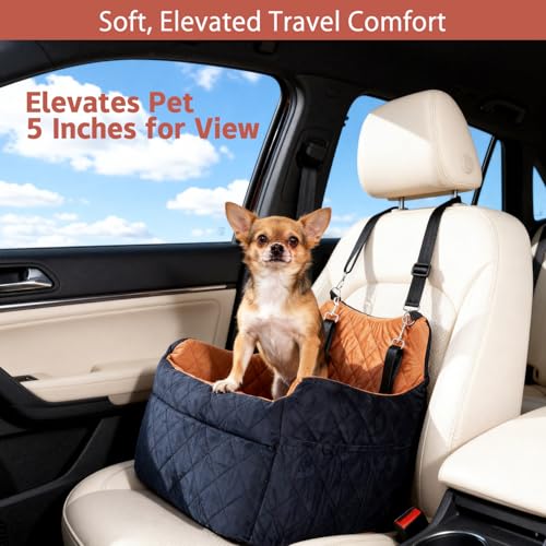 TOPOmerice Elevated Dog Car Seat for Small Dogs – Luxurious Dutch Suede Leather Pet Booster with Adjustable Safety Leash, Non-Slip Base, Washable Cover, Cozy Travel Bed for Pets up to 30 lbs