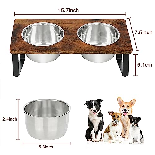 KEVIDEAWL Elevated Dog Bowls for Small Medium Wood Dogs Raised Bowl Stand with 2 Stainless Steel Deep Dog Food and Water Bowls, Anti Vomit, Non-Slip Feeding Dishes(Tilted，3 inches in Height, 40oz