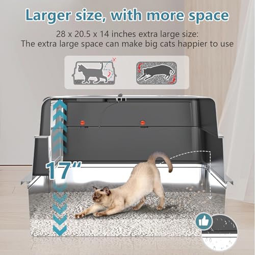 XXXL Extra Large Stainless Steel Litter Box with Lid, 28" L x 20.5" W x 17" H Covered Stainless Steel Litter Box, Suitable for Large Cats and Multiple Cats, Non-Sticky, Anti-Leakage, Easy to Clean