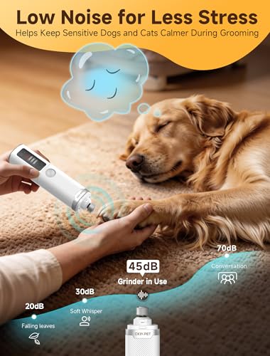 Ckin pet Dog Nail Grinder, Quiet Electric Dog Nail Trimmer with 2 LED Lights, 3-Speed Pet Nail Grinder for Dogs & Cats, Rechargeable 2000mAh Nail Grinder for Small Medium Large Dogs with Light, White