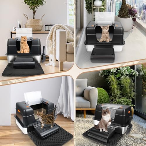 Vivifying Stainless Steel Litter Box, XL Side Entry Extra Large Litter Box with Lid for Big Cats & Kitty, Removable Enclosed Metal Cat Pan with High Sided Enclosure, Scoop (Black)