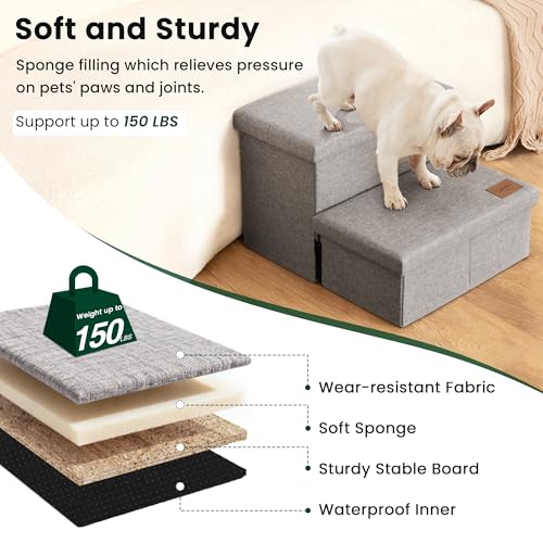 Love's cabin Dog Stairs with Storage 13" H, Foldable Pet Stairs for Small Medium or Large Dogs, Cat Puppy Steps Ramp with Zip up to 150 lbs, Solid Grey, 2 Steps