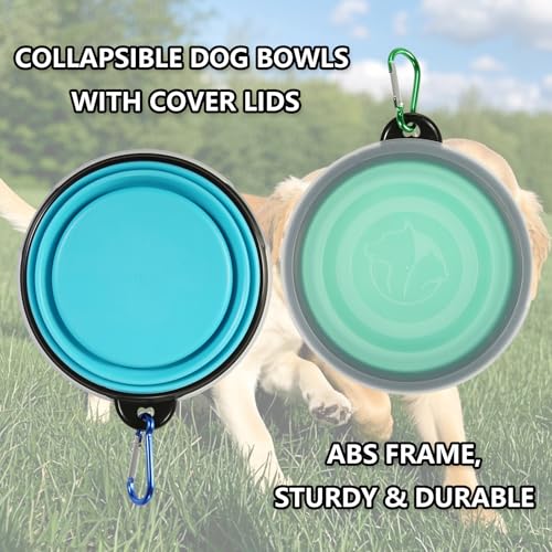 SLSON Collapsible Bowl with Cover Lids,2 Pack Dog Travel Bowls Portable Foldable Cat Water Dish Bowl for Pets Walking Parking Camping (Light Blue and Green, Small)
