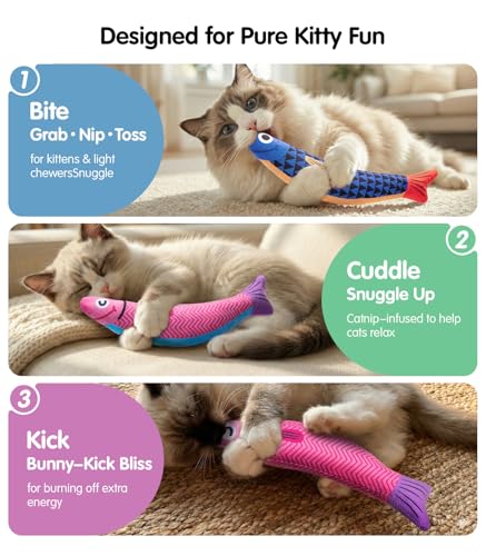 PetBusy Cat Toys with[5000mg A+Natural Catnip &Silvervine] [Baby Grade] Interactive Soft Chew Kicker Cat Toys for Indoor Cats & Kittens, [Crinkle &Bell] Fish Sound Toy, Drives Bored Cat Crazy with Fun