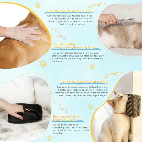 10Pcs Mist Spray Brush Kit for Cats & Dogs, Hair Health & Grooming Set with 100ml Waterless Shampoo, Cat Scratcher w/Catnip, Nail Clippers, Toothbrush, Comb, Eye Ear Paw Dry Wipes & Gloves, Gift-Set