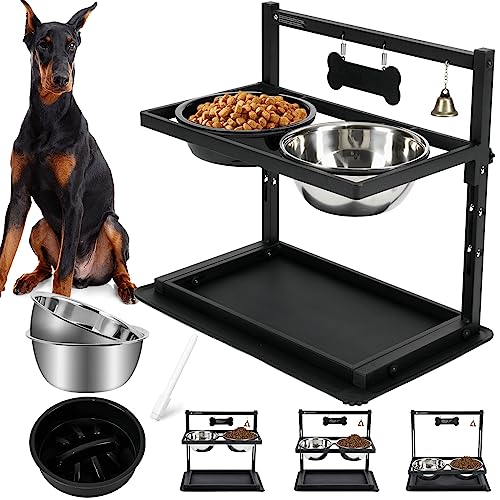Elevated Dog Bowls with Slow Feeder for Large Dogs – Adjustable Raised Stand with 2 Stainless Steel Bowls & Spill-Proof Mat, Non-Slip Dog Feeder for Large & Medium Dogs (Black)