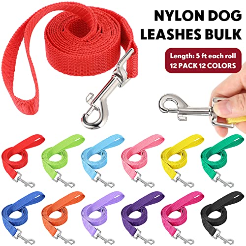 Hillban 12 Pcs Nylon Puppy Training Leash Bulk 5ft Dog Leash for House Line 12 Colors Puppy Line Traction Rope for Small Medium Dog Training, Play, Camping, or Backyard(Modern Colors)