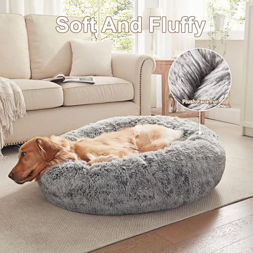 BedStill 36 inches Donut Dog Bed for Large Dogs - Calming Fluffy Round Pet Bed with Removable & Washable Cover,Fits up to 80 lbs Pets (Dark Grey,Large)