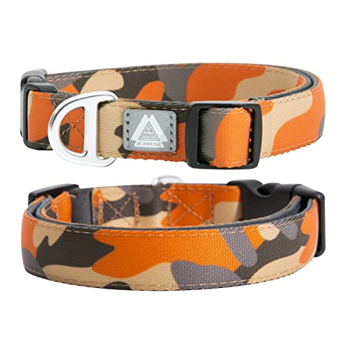 JC HOUSE Soft Padded Dog Collar, Neck 12’’-20’’, Adjustable Heavy Duty Collar with 3M Reflective Logo for Medium, Large Dogs, Camo Orange, M