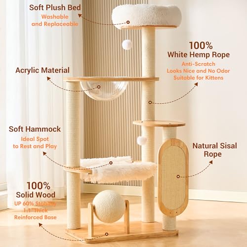 HITTITE Solid Wood Cat Tree Tower with Scratching Post, 53 Inches Tall Cat Towers with Scratching Board and Scratcher Ball, Modern Cat Tower with Space Capsule and Removable Top Bed for Indoor Cats