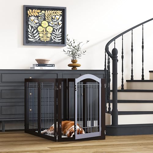 PAWLAND 144-inch Extra Wide 30-inches Tall Dog gate with Door Walk Through, Freestanding Wire Pet Gate for The House, Doorway, Stairs, Pet Puppy Safety Fence, Support Feet Included, Espresso,6 Panels