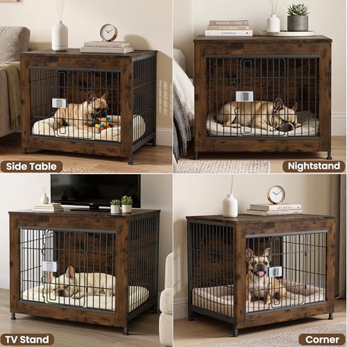 Furniture Style Dog Crate, Decorative Wooden Pet Kennel End Table for Small to Medium Dogs (Under 30 lbs), Indoor Dog House with Secure Slide Lock & Solid Top, Modern Pet Cage Furniture, Aged Black