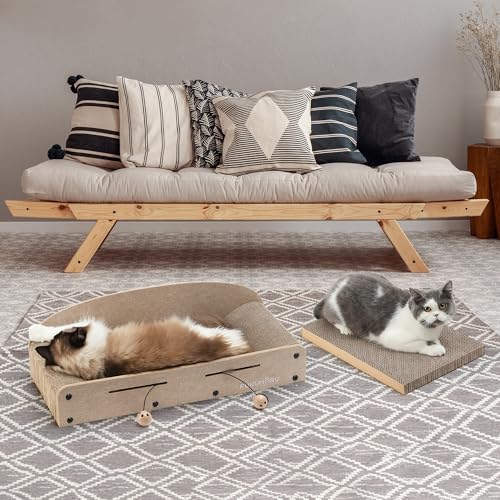 FUKUMARU 26 Inch Cat Scratcher Bed, 2 Reversible Cardboard Cat Scratch Pads Refill for Indoor Cats, Durable Large Cats Scratching Bed Sofa Couch Lounger with Fun Toys, Furniture Protector, Beige
