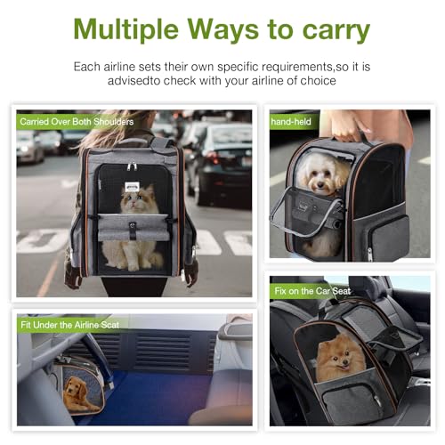 Lekebobor Cat Carrier Backpack, Expandable Pet Carrier with Sun Shade & Full Front Opening, Breathable Mesh Backpack for Small Dogs & Medium Cats Up to 18 Lbs, Foldable for Hiking, Camping (Grey)