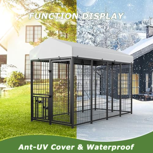 ROOMTEC Heavy Duty Outdoor Dog Kennel with Rotating Bowls, 8 x 4 x 5.6-ft
