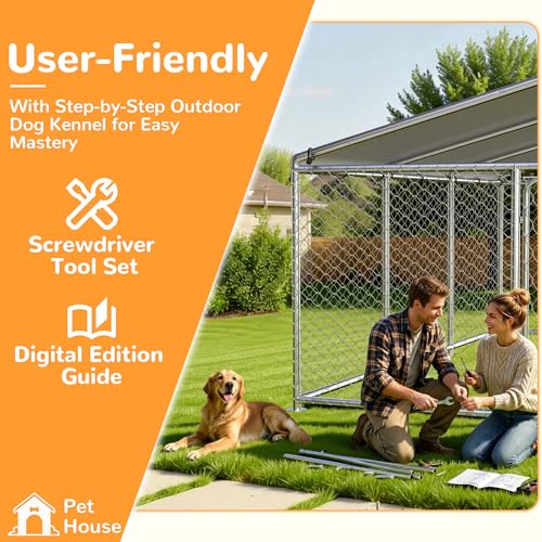 7.8x7.8 FT Extra Large & Heavy Duty Dog Kennel Run - Outdoor Metal Enclosure with Lockable Door and Waterproof Cover for Big Dogs