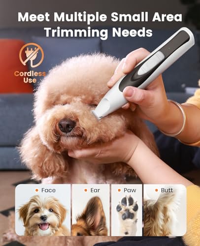 oneisall Low-Noise Dog Paw Trimmer with LED Light, Paw Trimmer for Dogs &Cats 0.8inch/20mm Wide Blade, 35dB Cordless Electric Pet Paw Grooming Clippers for Paws, Ears, Face, Rump
