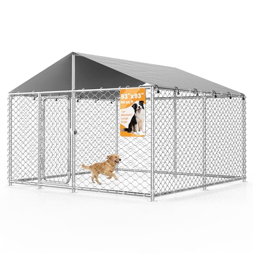 barlb 7.8' x 7.8' Heavy-Duty Outdoor Dog Kennel with Waterproof Cover, UV-Resistant Roof, Secure Locking Mechanism for Large Dogs, Metal Enclosure for All Weather Conditions(90x90x63IN)