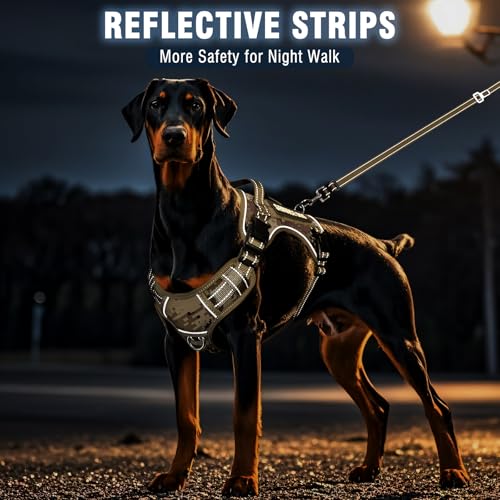 MOOGROU Tactical Dog Harness and Leash Set for Large Dogs,Heavy Duty No Pull Service Dog Vest and 10 Patches with Dog Seat Belt,Reflective Adjustable Pet Harness for Training Walking Hiking Camo L