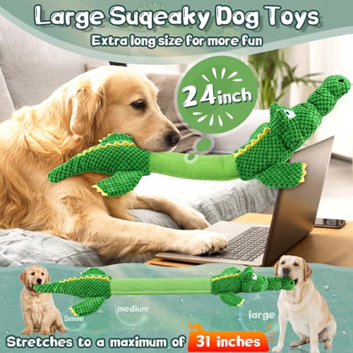 WOWBALA Dog Squeaky Toys, 24-31 Inch Stretchable Crocodile Plush Toy, Interactive Tug of War Toy for Puppies, Small, Medium and Large Dogs, Crinkle Chew Toy for Indoor & Outdoor Fun