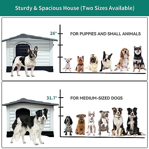 DWVO 2-Door Large Dog House with Elevated Base & Cushion, Weather-Resistance Dog Bed House for Indoor/Outdoor Use, Easy Assembly Pet House for Small to Large Dogs (43.7''L x 33''W x 31.6''H)