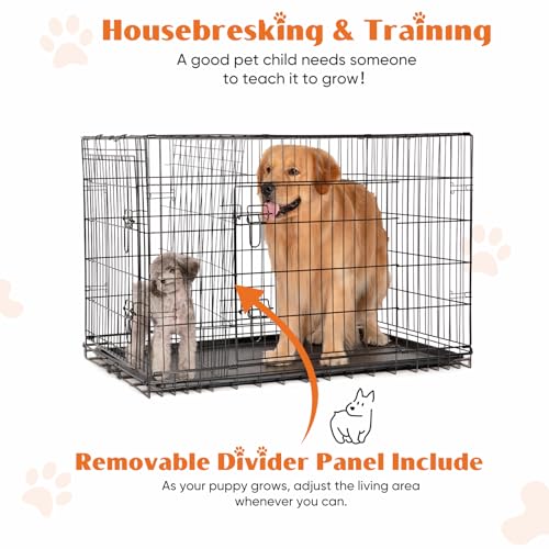 Sweetcrispy 42 Inch Dog Crate, Medium Large Crates Double Door Folding Metal Wire Dog Cage with Plastic Leak-Proof Pan Tray, Pet Kennel for Indoor, Outdoor, Travel