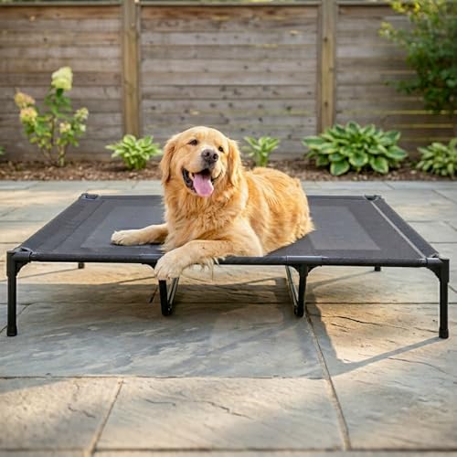 Suddus Elevated Dog Bed for Large Dogs 140lb, Breathable Cooling Raised Dog Cot with Dual Support Bars & Metal Frame, No-Slip Feet, Waterproof Pet Bed for Indoor/Outdoor, X-Large, 48 * 36 * 9in, Grey