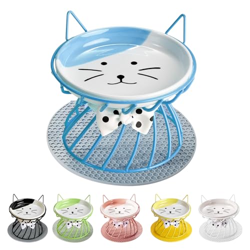 Raised Cat Food Bowl - Elevated Feeder Stand with Shallow Ceramic Dish, Whisker-Friendly No-Spill Water Bowl