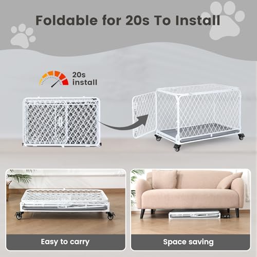36 Inch Collapsible Dog Crate with Diamond Mesh, No-Tool Assembly Foldable Dog Kennel with 4 Lockable Wheels,Removable Tray,Portable Dog Cage for Medium/Large Dogs, Space-Saving, Indoor Outdoor Use