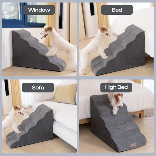 Miorun Extra Wide Dog Stairs for Large Dogs Up to 80lbs, 25" Pet Steps for High Bed with Washable Cover, 5-Step Foam Bed & Couch Ladder for Small Medium Dogs & Senior Cat, Gray