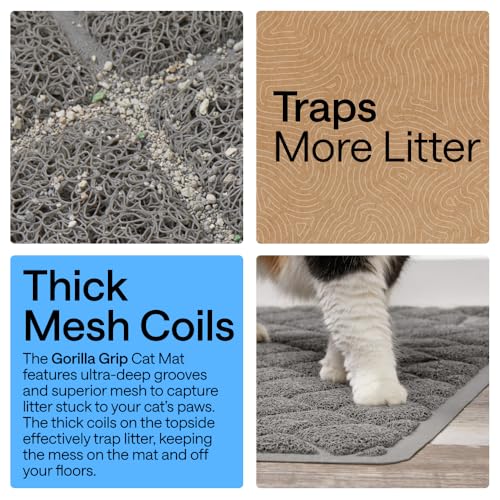 GORILLA GRIP Cat Litter Box Mat, 35x23, Cushioned Coil Mesh Litter Trapping Mats, Scatter Control Supplies for Less Mess, Phthalate Free, Ultra Deep Catch Grooves, Rinse or Vacuum to Clean, Gray