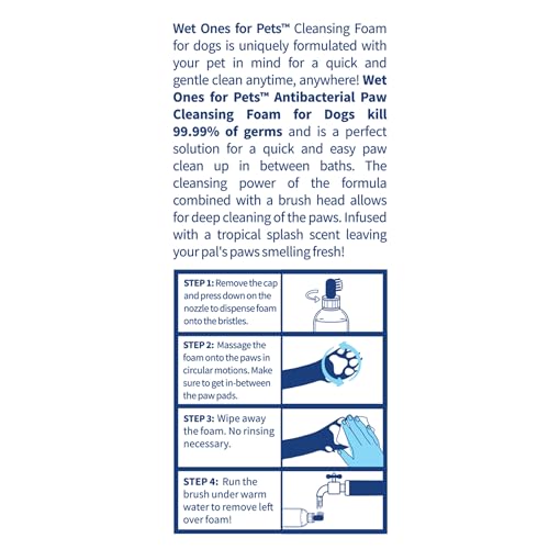 Wet Ones for Pets Antibacterial Dog Paw Cleaner with Built-in Scrubber Brush, Tropical Splash Scent - Foaming Cleanser for Dog Paws - Paw Washer & Grooming Care, 5 Ounce