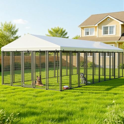 20x10 FT Outdoor Dog Kennel with Waterproof Roof, Heavy Duty Dog Enclosures with Galvanized Welded Wire Steel & Dual Safety Lock