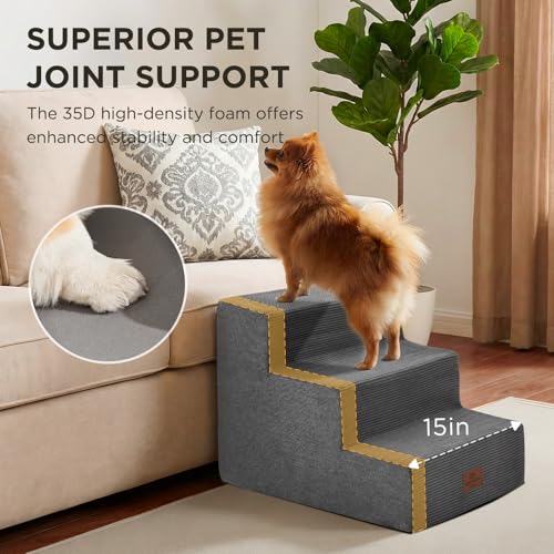 Joydeco Dog Stairs for Bed 15" H, 3-Step Pet Steps for Small Dogs and Cats, Dog Steps for High Bed, Non-Slip Balanced Ramp Indoor Pet Stairs, Gray