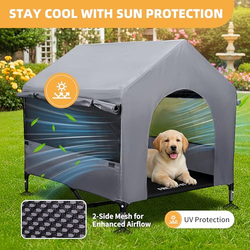 Pawmmo 42" Dog House Outdoor Indoor with Breathable Mesh Windows, 2-in-1 Outside Dog House Elevated Dog Bed Cot Dog Tent Shade Shelter, Easy to Assemble & Clean (42 INCH)