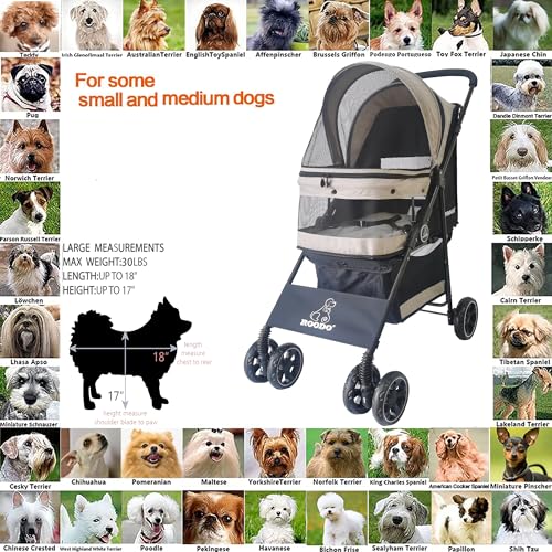 ROODO 4 Wheel Dog Cat Pet Stroller Best Lightweight Foldable Compact Portable Jogger All Terrain Travel Pet Gear Puppy Doggie Bunny Kitty Stroller for up to 30lbs Medium Small Dogs Cats(Light Khaki)