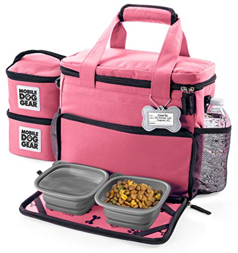 Mobile Dog Gear, Week Away Dog Travel Bag for Small Dogs, Includes Lined Food Carriers and 2 Collapsible Dog Bowl, Pink
