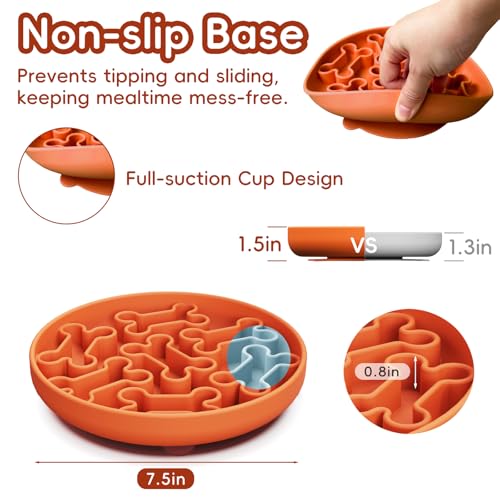 AXEFUN Silicone Slow Feeder Dog Bowl – Orange Bone Pattern | Food-Grade Non-Slip Dog Dish for Anti-Bloat, Fast Eating Prevention, 7.5” x 1.5”, Dishwasher Safe