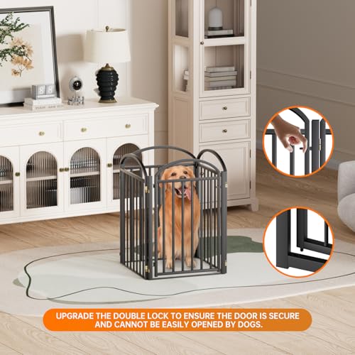 SNUOWU 4 Panels Full Matel Freestanding Dog Gates with Door, 96"Extra Wide 32"Tall Free Standing Dog Pet Gate for Indoor & Outdoor. Foldable Pet Fences for Doorways, House, Stairs, Porch, Deck, Yard