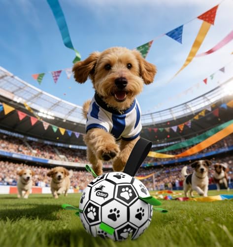 QDAN 6 Inch Dog Toys, Durable Floatable Dog Balls for Tug, Fetch, Herding and Water Play, Soft PU, World Cup Dog Soccer Ball with Straps for Small to Medium Dogs, Ideal Outdoor Play & Birthday Gift