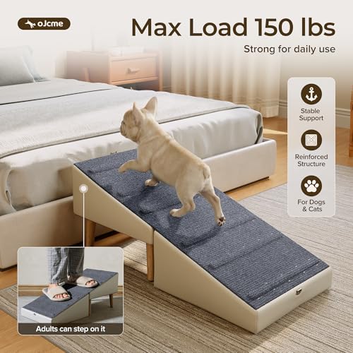 OJCME 2 in 1 Ottoman Dog Ramp with 6 Fabric-Covered Anti-Slip Grip Rails, Paw-Friendly Full Fabric Surface, 15.7 in Wide Stable Folding Pet Ramp Stool for Couch Bed, 4 Leveling Feet, 150 lb Capacity
