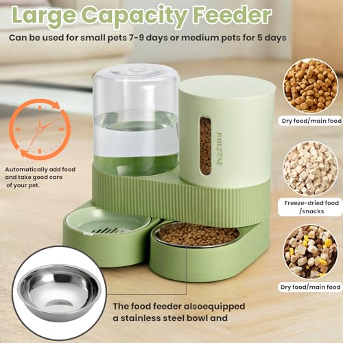 2 Pack Automatic Cat Feeder Stainless Steel Water Dispenser Gravity Food Feeder and Waterer Set with Pet Food Bowl for Small Medium Kitten Puppy Pets Large Capacity(Green)
