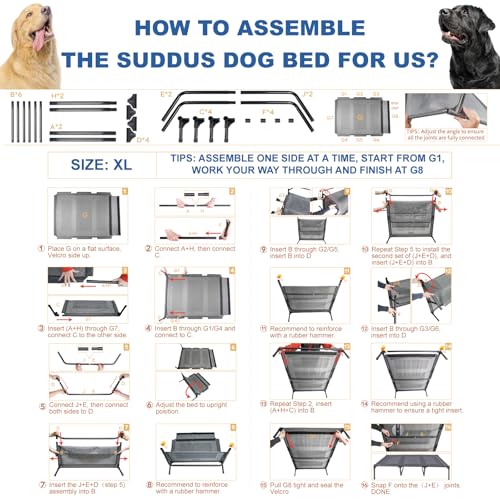 Suddus Elevated Dog Bed for Large Dogs 140lb, Breathable Cooling Raised Dog Cot with Dual Support Bars & Metal Frame, No-Slip Feet, Waterproof Pet Bed for Indoor/Outdoor, X-Large, 48 * 36 * 9in, Grey