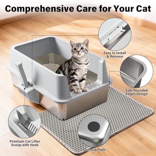 Stainless Steel Litter Box, Extra Large Litter Boxes for Big Cats, XL Metal Cat Litter Box with High Sides Lid, Anti-Urine Leakage, Never Absorbs Odors, Easy Cleaning, Non-Stick, Include Scoop and Mat