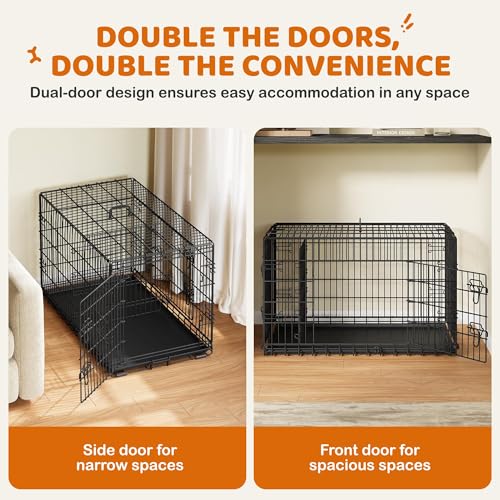 Yaheetech 42 inch Double Door Dog Crate w/Divider for Puppy, Collapsible Metal Dog Kennel with Removable Tray, Portable Travel Cage, Black