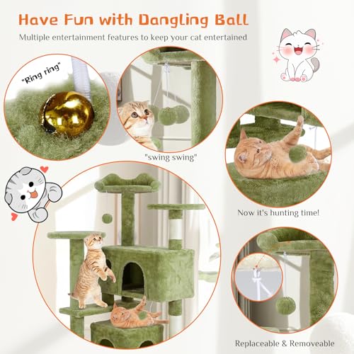 Sweetcrispy 54 Inch Cats Tree Tower, Multi-Level with Cat Scratching Post, Indoor Cat Condo with Climbing Ladder, Plush Toy, Play House for Cats, Green